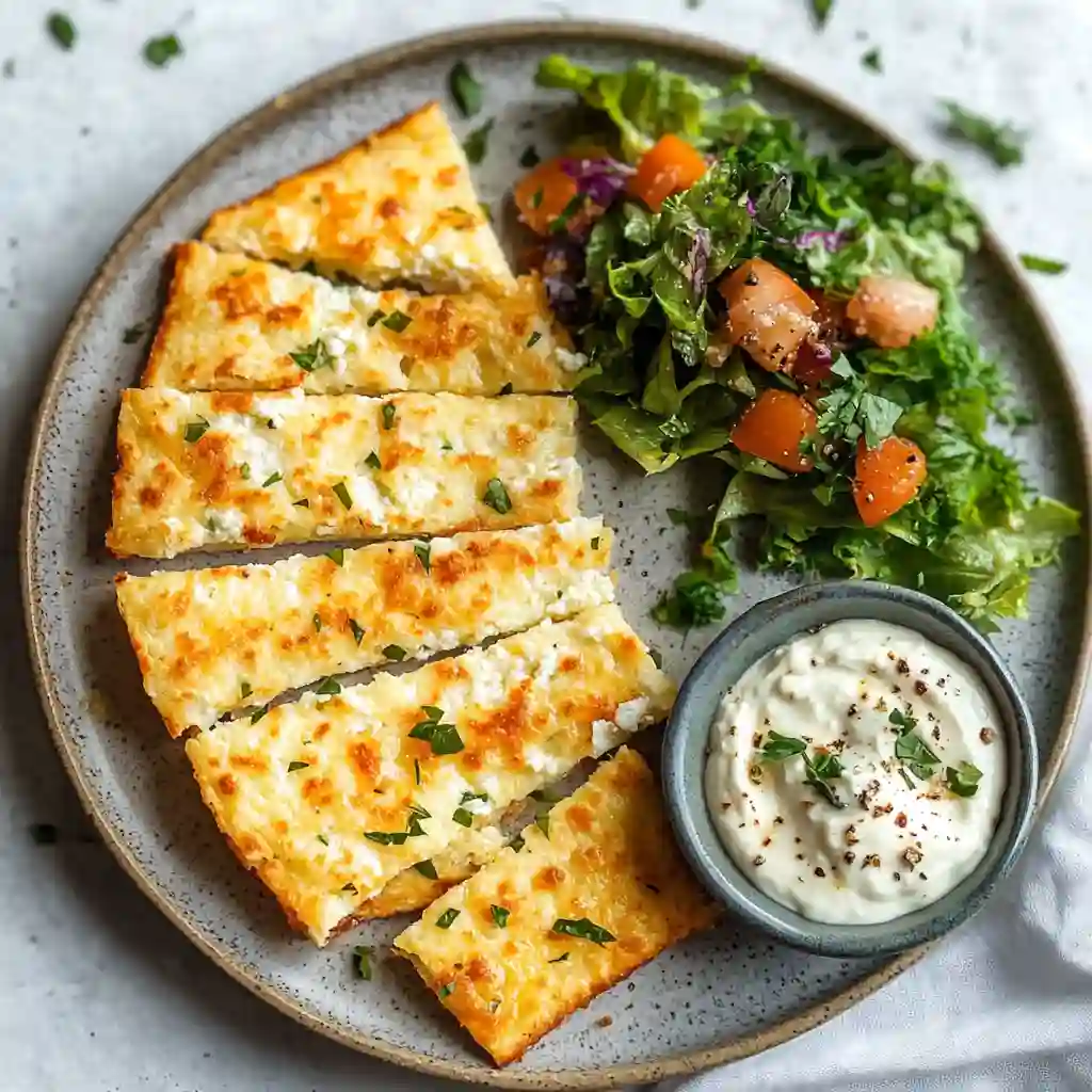 Sliced cottage cheese flatbread recipe keto served with salad and dip on a plate
