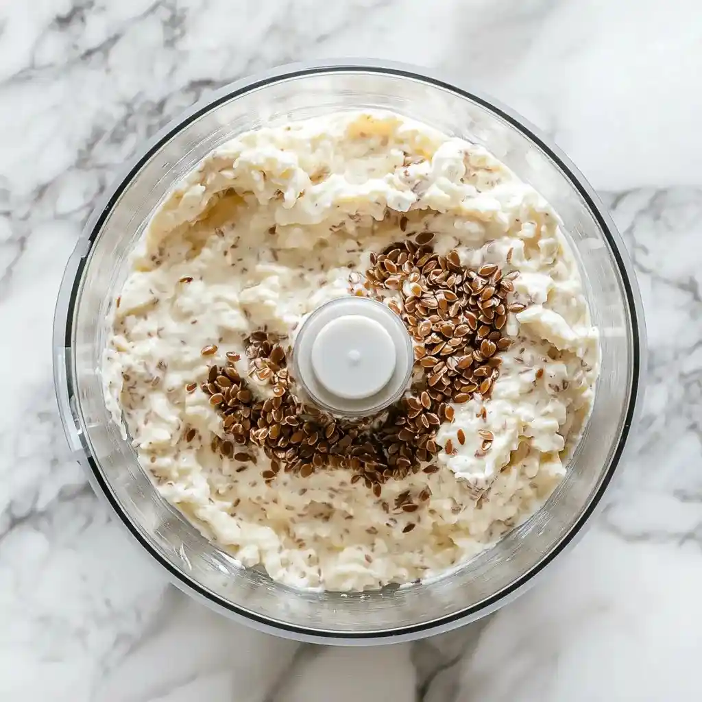 cottage cheese and flaxseed flatbread preparation in food processor