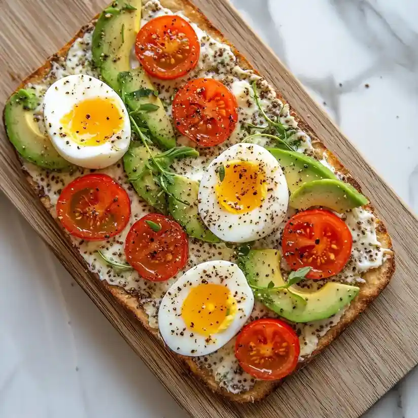 cottage cheese and flaxseed flatbread topped with avocado and eggs
