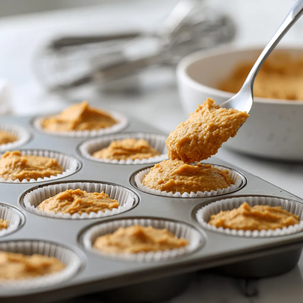 3 ingredient pumpkin muffins – spooning muffin batter into baking tray