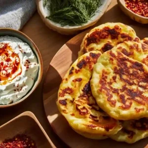 Cottage cheese flatbreads topped with golden-brown chili crisp