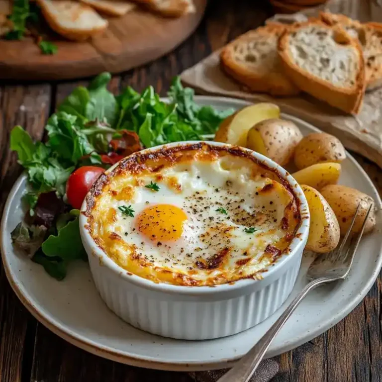 Cottage cheese baked eggs in ramekin with golden top, no whole egg, served with salad