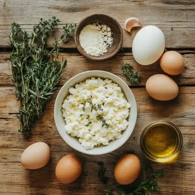 Flat lay of ingredients used in cottage cheese baked eggs recipe on wood surface