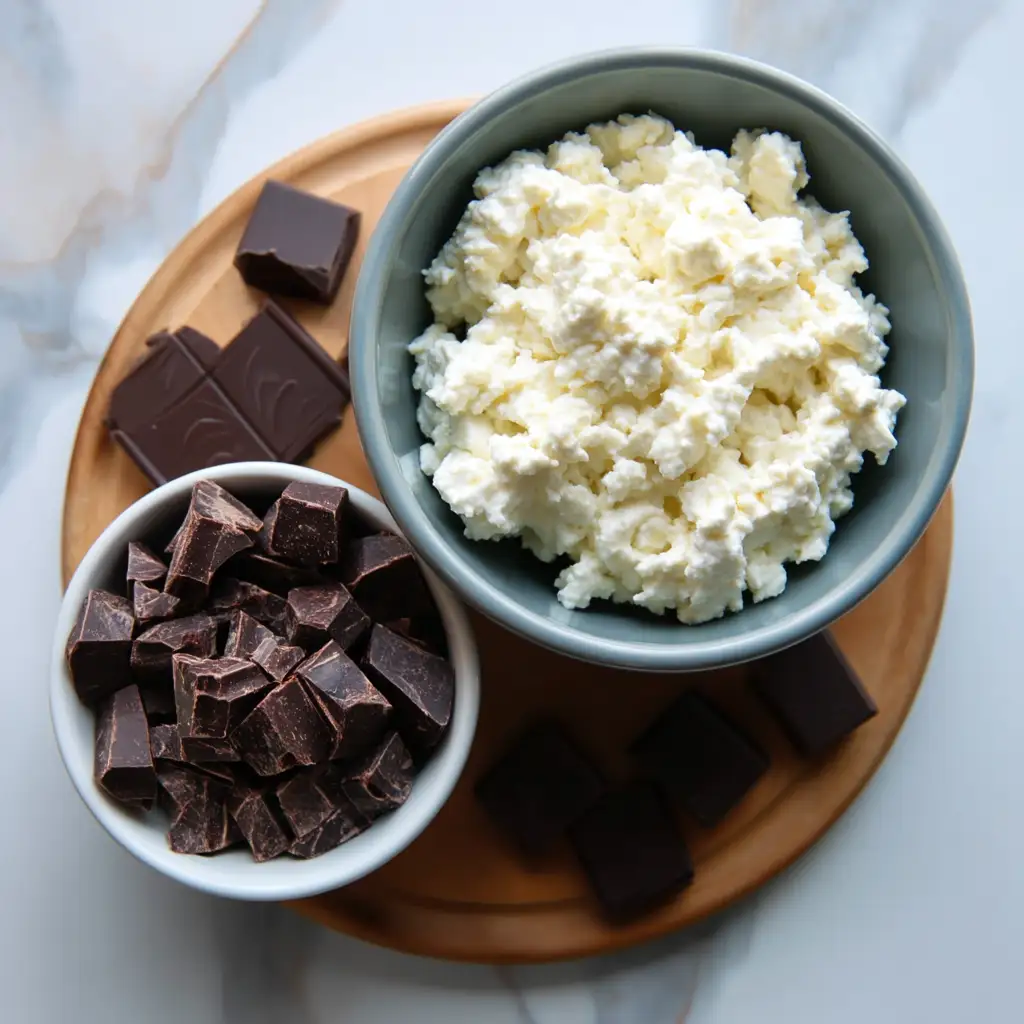 cottage cheese fudge Ingredients for cottage cheese fudge neatly arranged on a kitchen counter