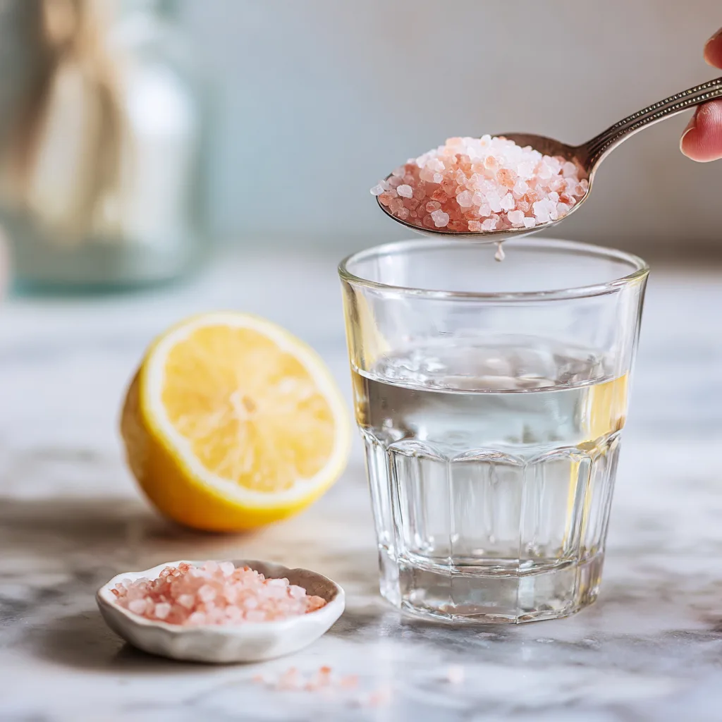 pink salt mounjaro recipe with warm water, spoonful of pink salt, and lemon