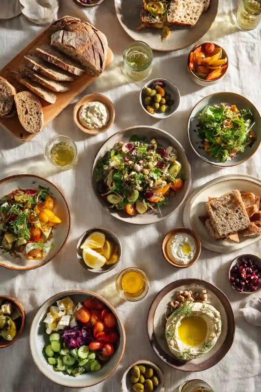 Modern vegetarian table with colorful plant-based dishes, dips, salads, and bread, served in ceramic bowls and plates