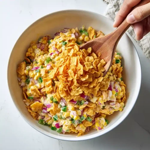 Crushed chili cheese Fritos being added to creamy corn salad Paula Deen just before serving