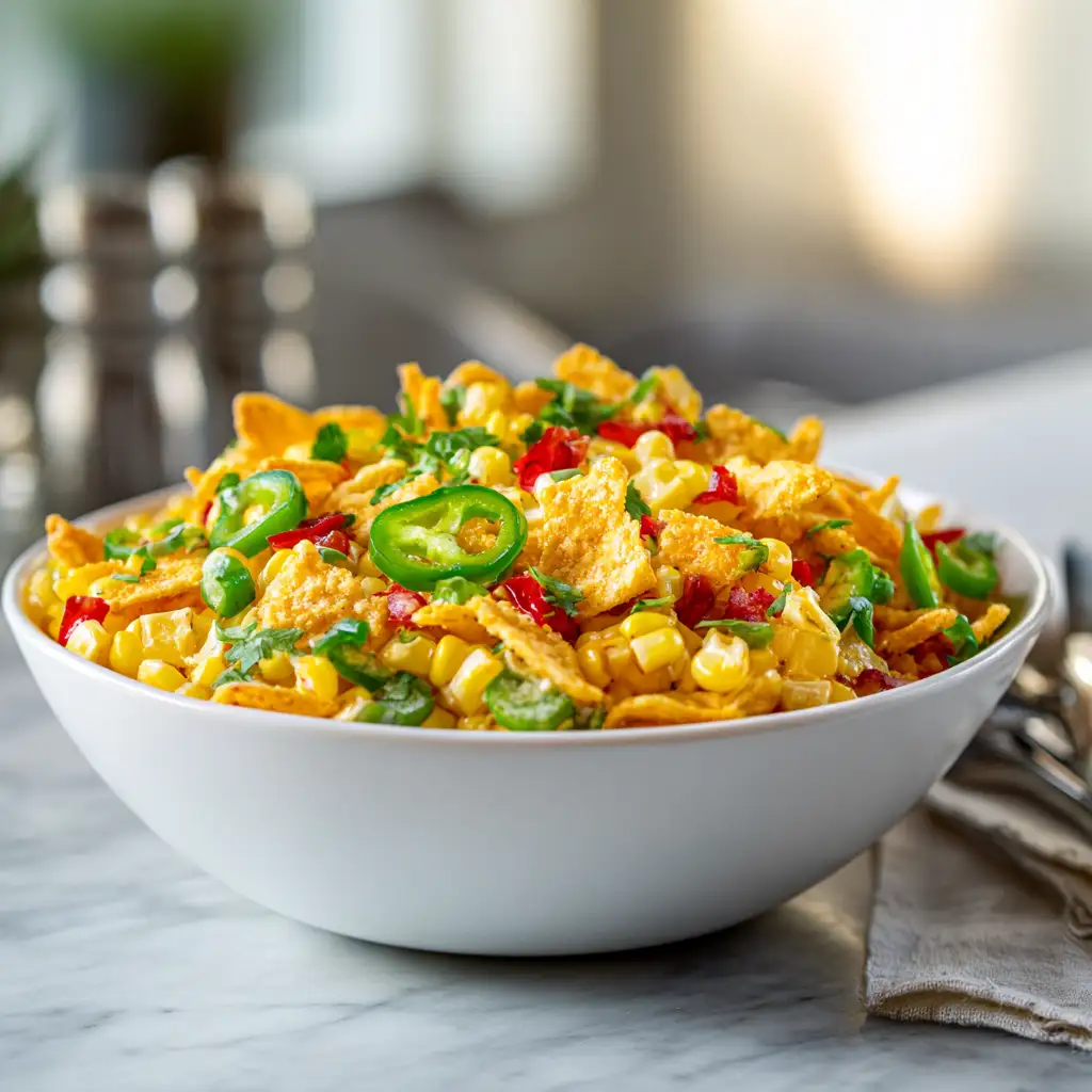 Final plated corn salad Paula Deen with cheddar, peppers, mayo and chili cheese Fritos