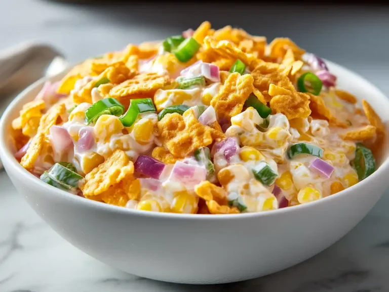 Corn salad Paula Deen with cheddar, peppers, and chili cheese Fritos in a white bowl
