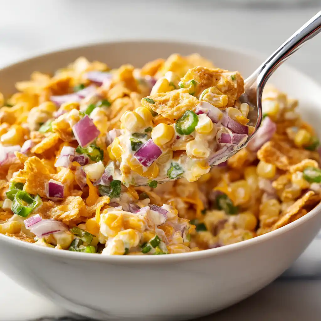Spoonful of corn salad Paula Deen with cheddar, corn, Fritos and creamy dressing over white bowl