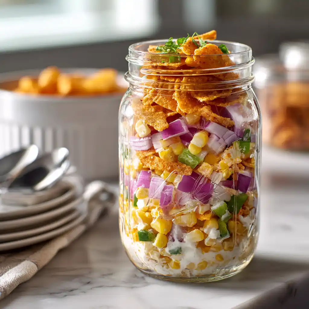 Layered corn salad Paula Deen in mason jar with Fritos, cheddar, corn, and creamy dressing