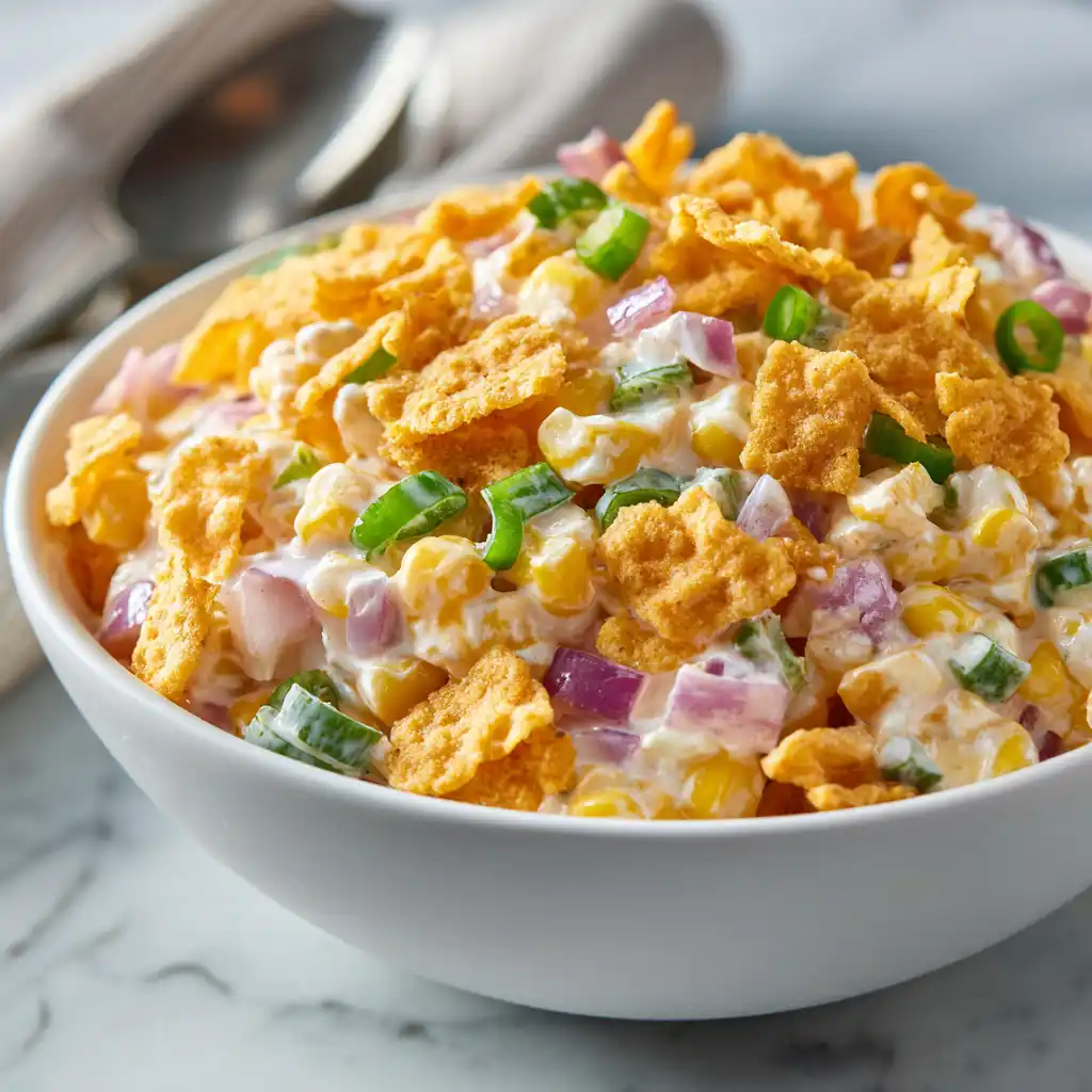 Corn salad Paula Deen in white bowl with cheddar, peppers, and chili cheese Fritos on marble surface