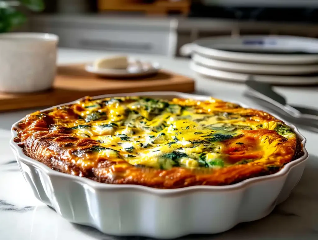 Top view of a cottage cheese and spinach crustless quiche with golden top