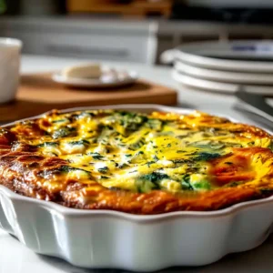 Top view of a cottage cheese and spinach crustless quiche with golden top
