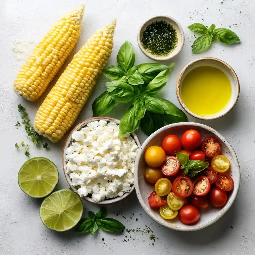 Dutch Corn Salad ingredients laid out on a white surface
