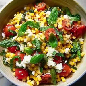 Dutch Corn Salad recipe in white ceramic bowl with raw corn, tomatoes, feta, and herbs