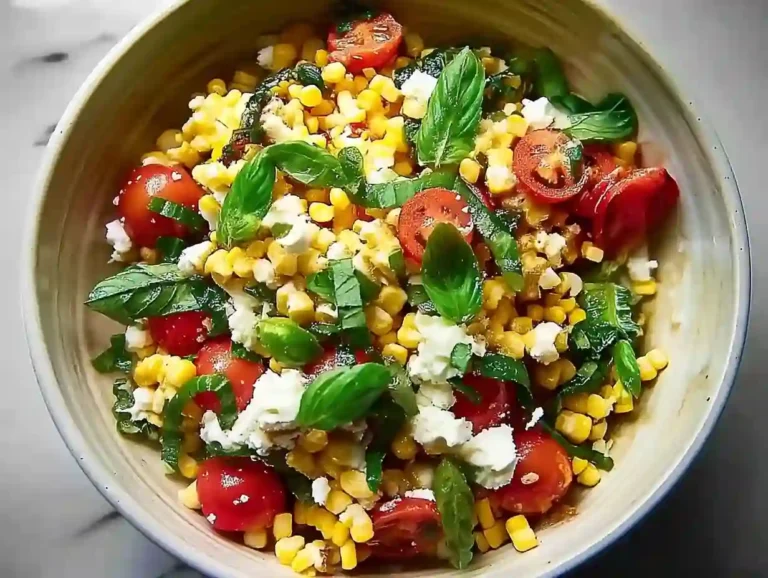 Dutch Corn Salad recipe in white ceramic bowl with raw corn, tomatoes, feta, and herbs