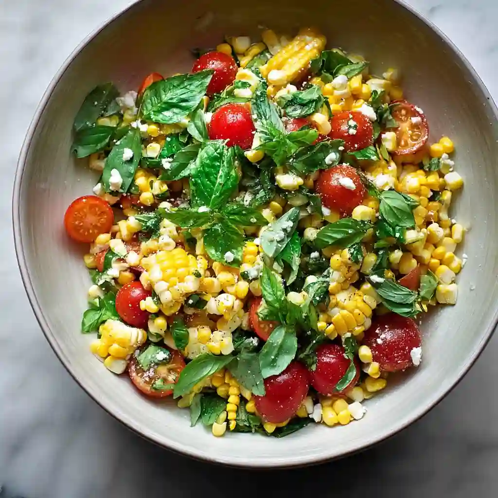 Dutch Corn Salad mixed with tomatoes, herbs and feta cheese