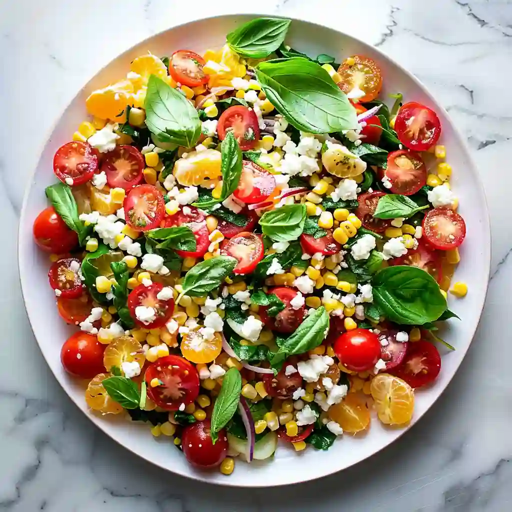 Variation of Dutch Corn Salad with extra basil and juicy tomatoes