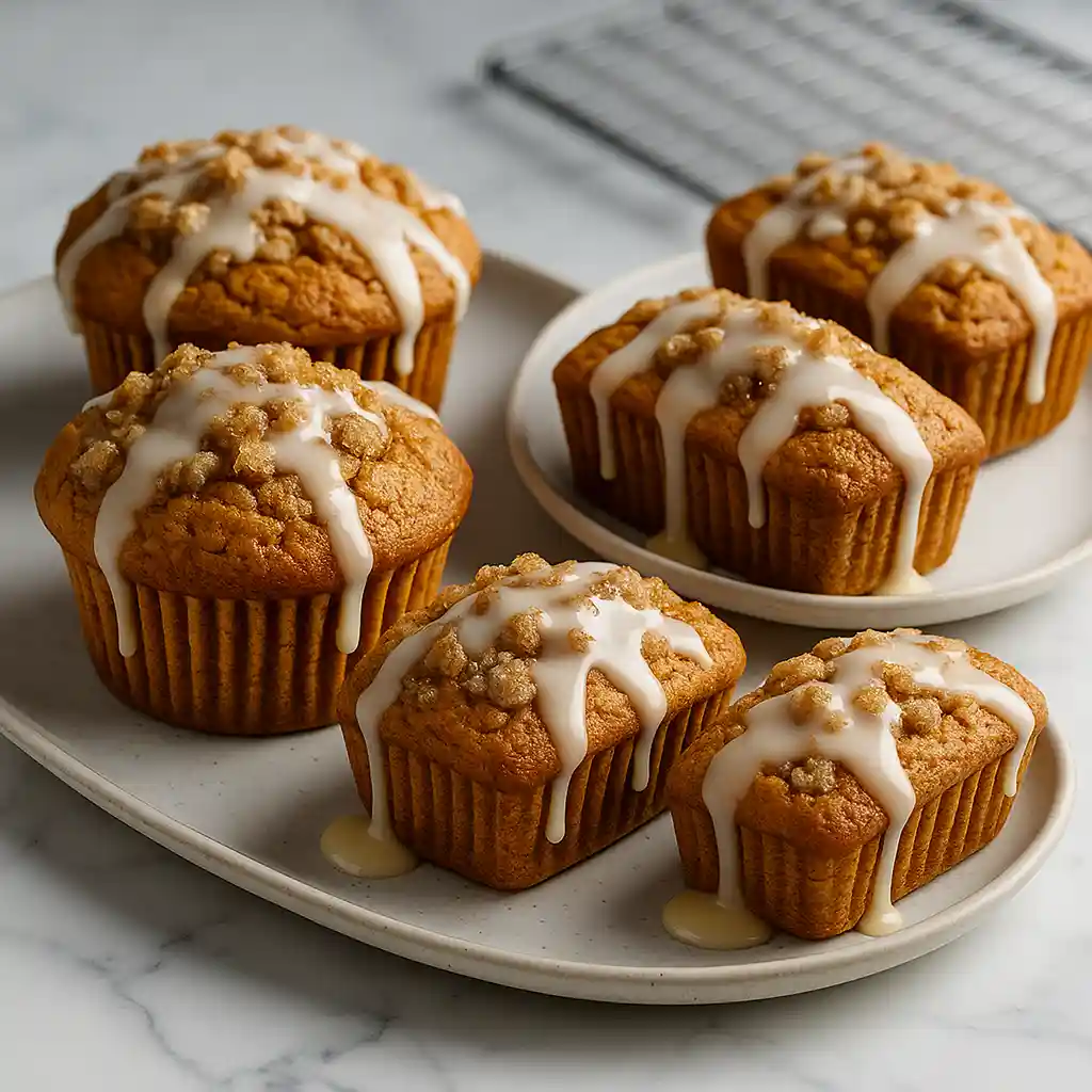 Sourdough pumpkin muffins and mini loaf versions with maple glaze on ceramic plates