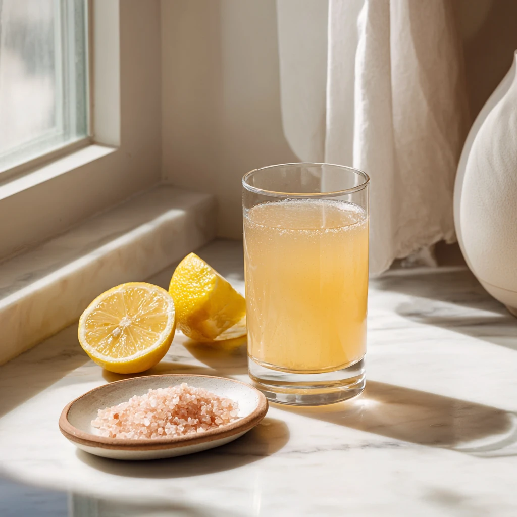 Himalayan pink salt detox drink with lemon and salt on marble