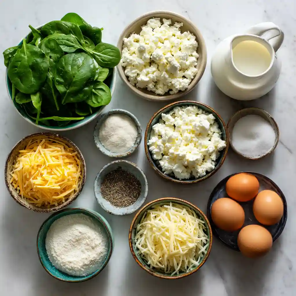 Ingredients for spinach and cottage cheese quiche arranged on marble surface