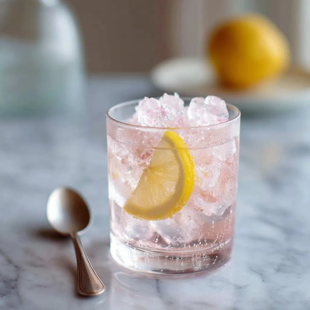 Iced japanese pink salt recipe drink with lemon and soft pink hue in clear glass