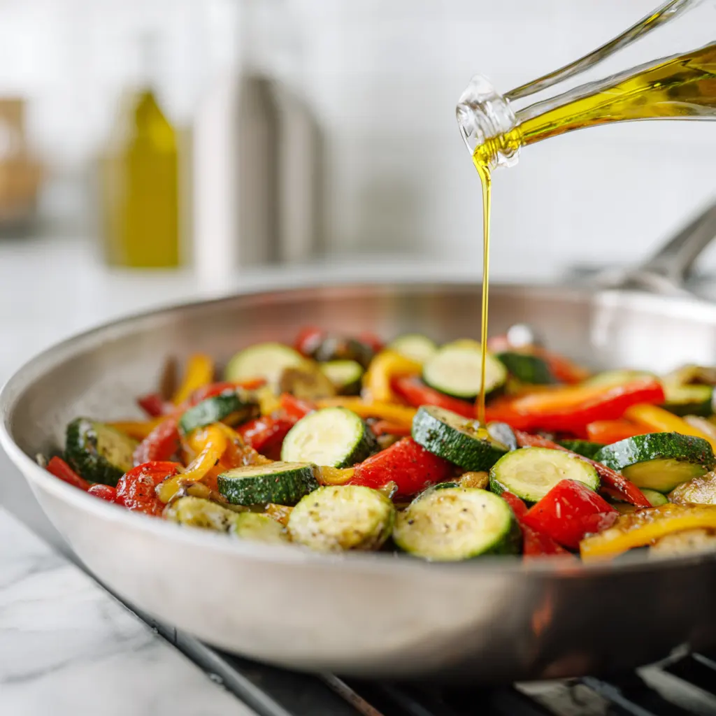 Olive oil being drizzled over sizzling vegetables in a pan