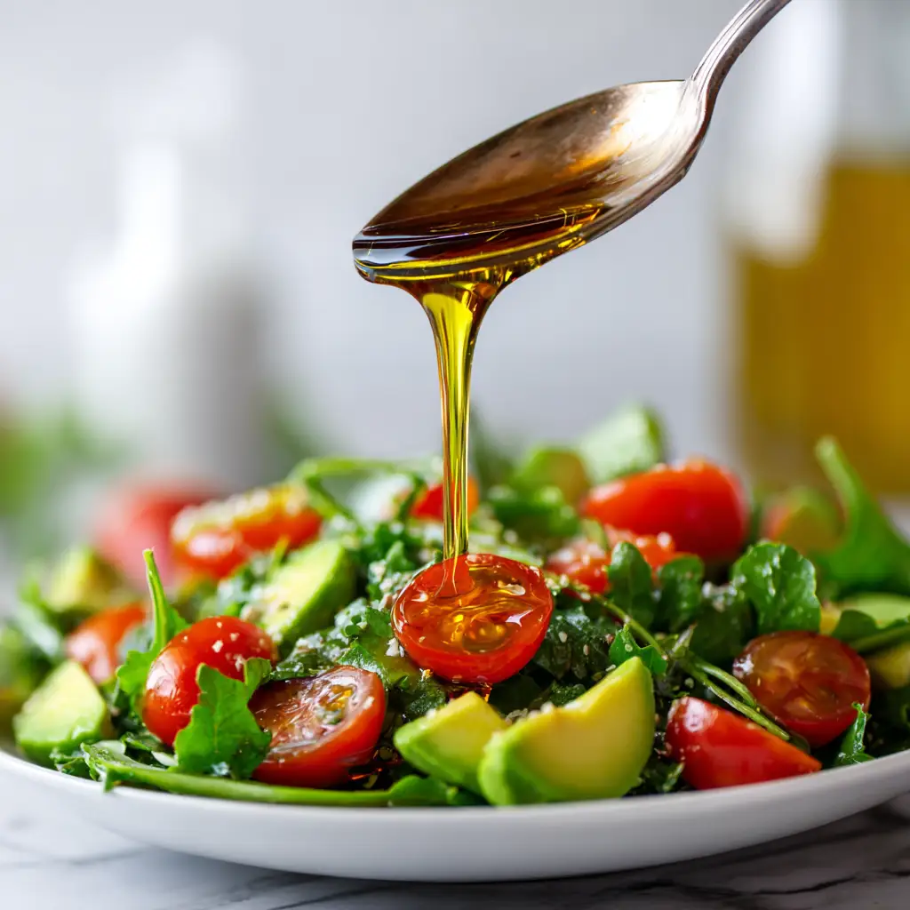 Olive oil drizzled on fresh salad greens for heart health