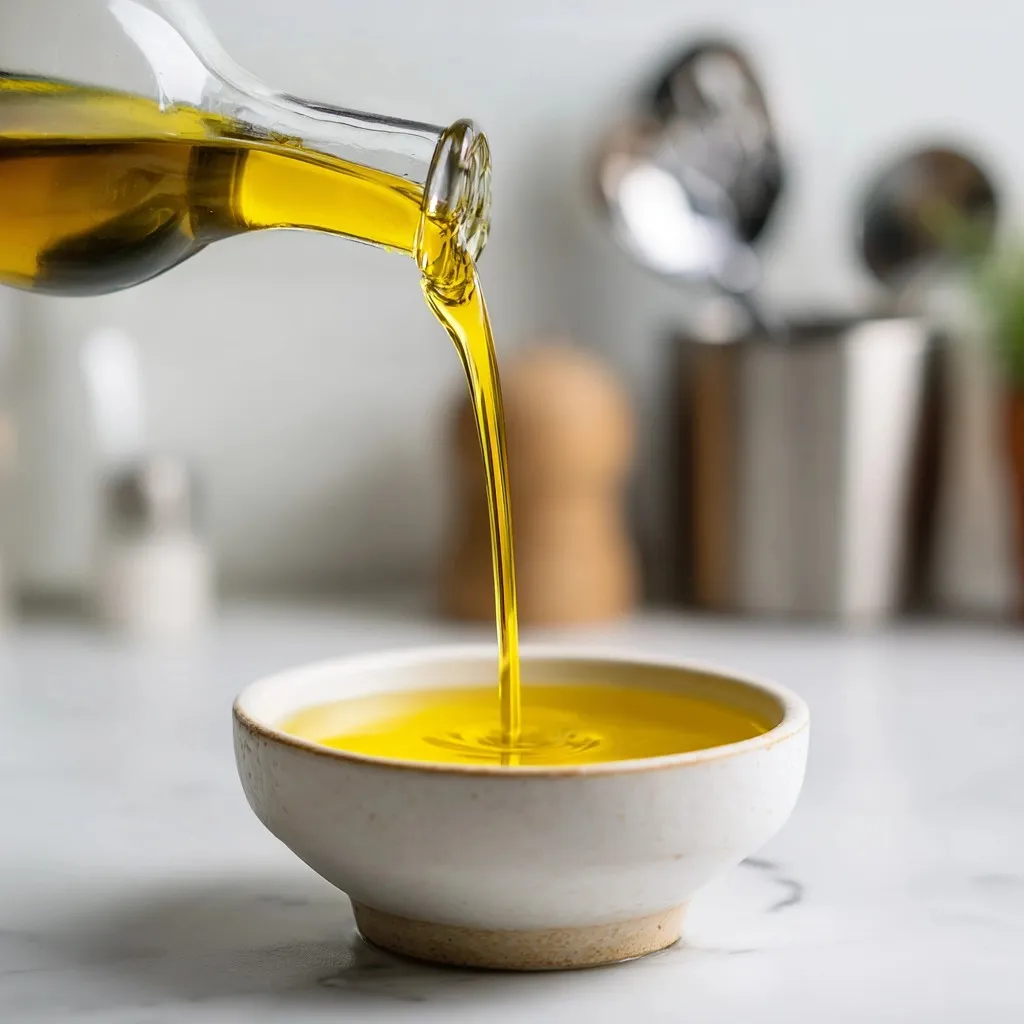 Olive oil being poured into a white