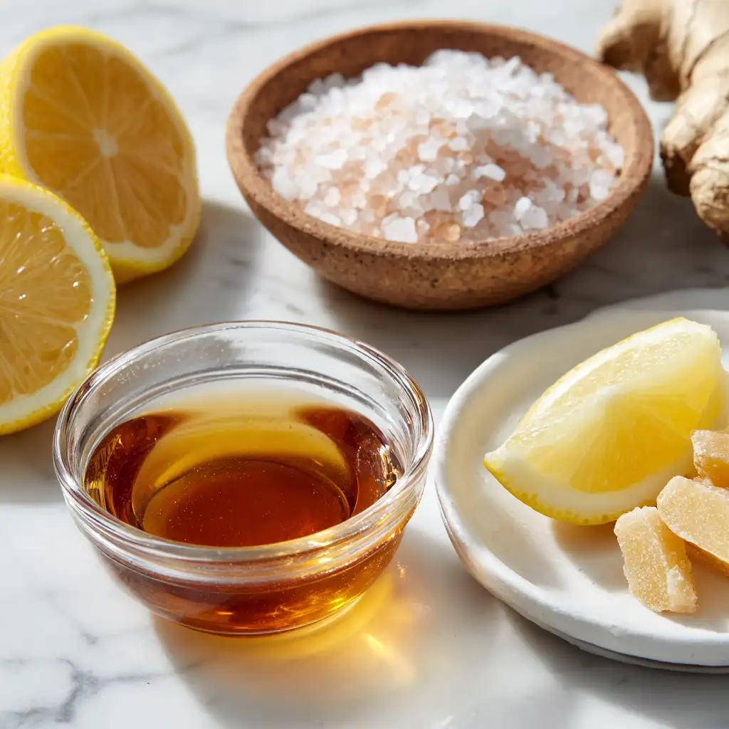 Apple cider vinegar, lemon, pink salt, and ginger prepped on counter