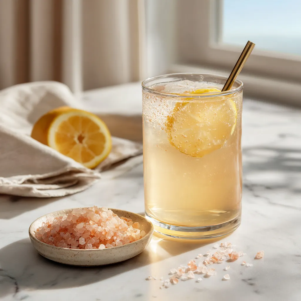 Stirring pink salt detox drink in glass with lemon slice