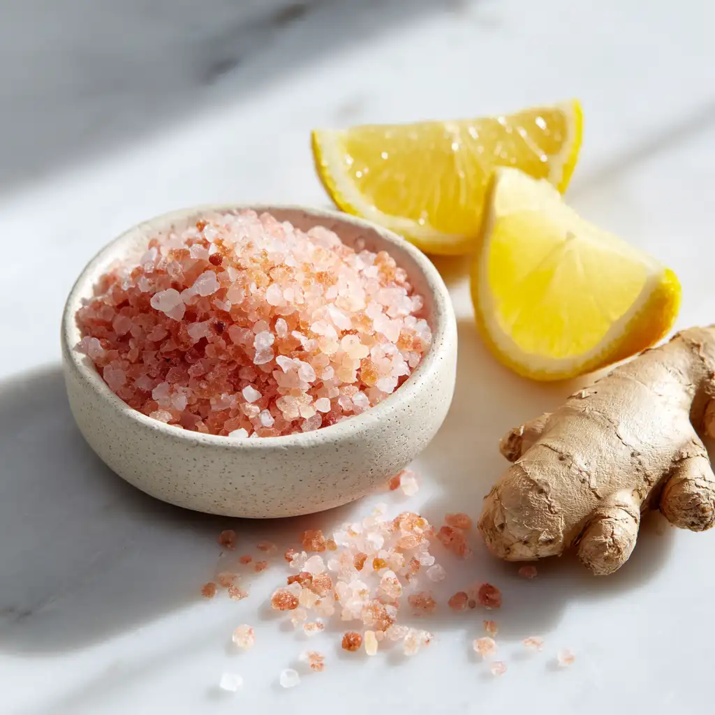 Himalayan pink salt, lemon wedges, and fresh ginger on kitchen counter top
