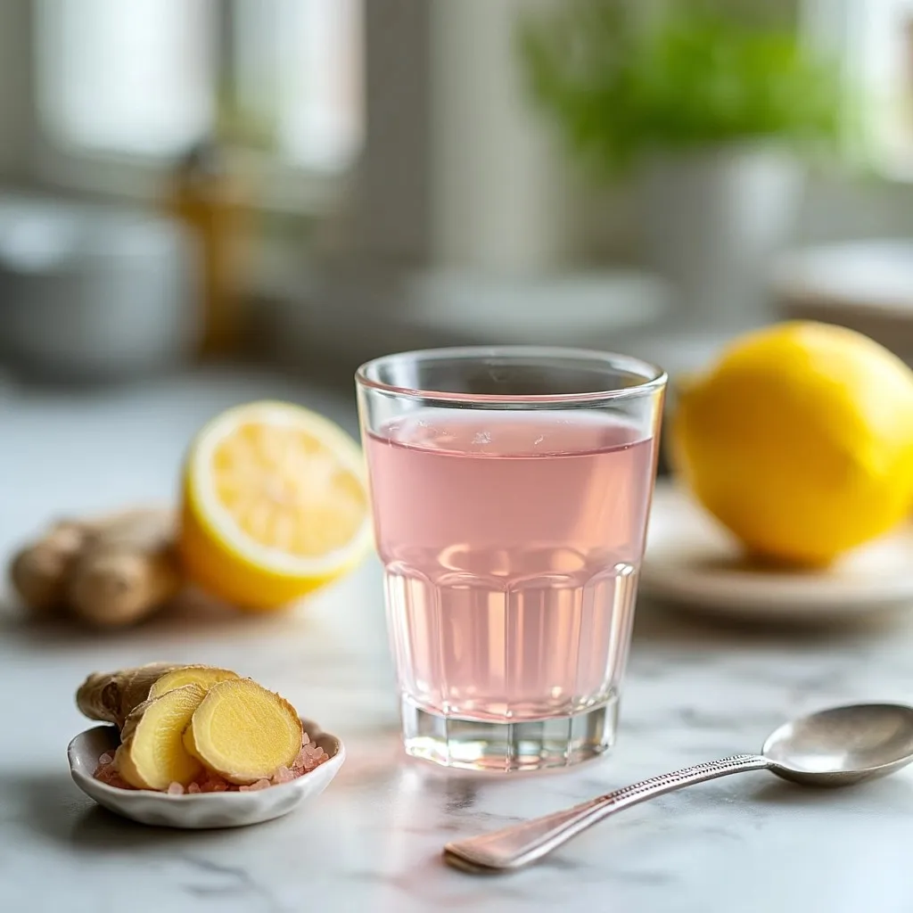 pink salt mounjaro recipe with warm water, spoonful of pink salt, and lemon