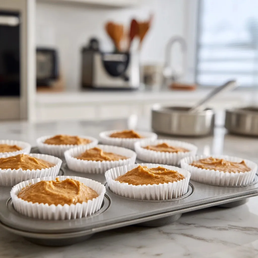 Pumpkin protein muffin batter in paper liners ready for baking