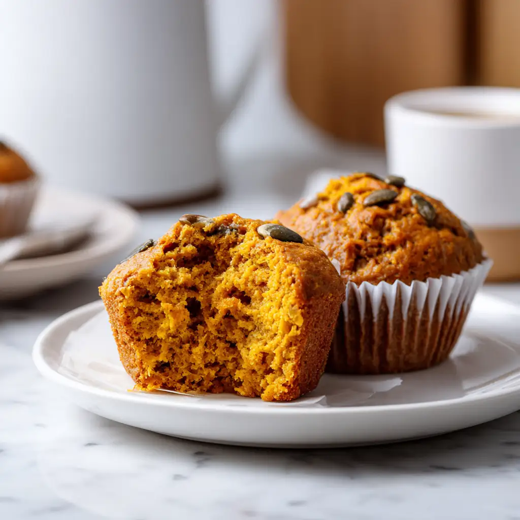 Protein Pumpkin Muffins sliced open showing fluffy pumpkin interior