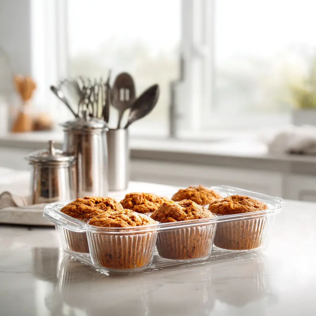 Protein pumpkin muffins stored in meal prep container on counter