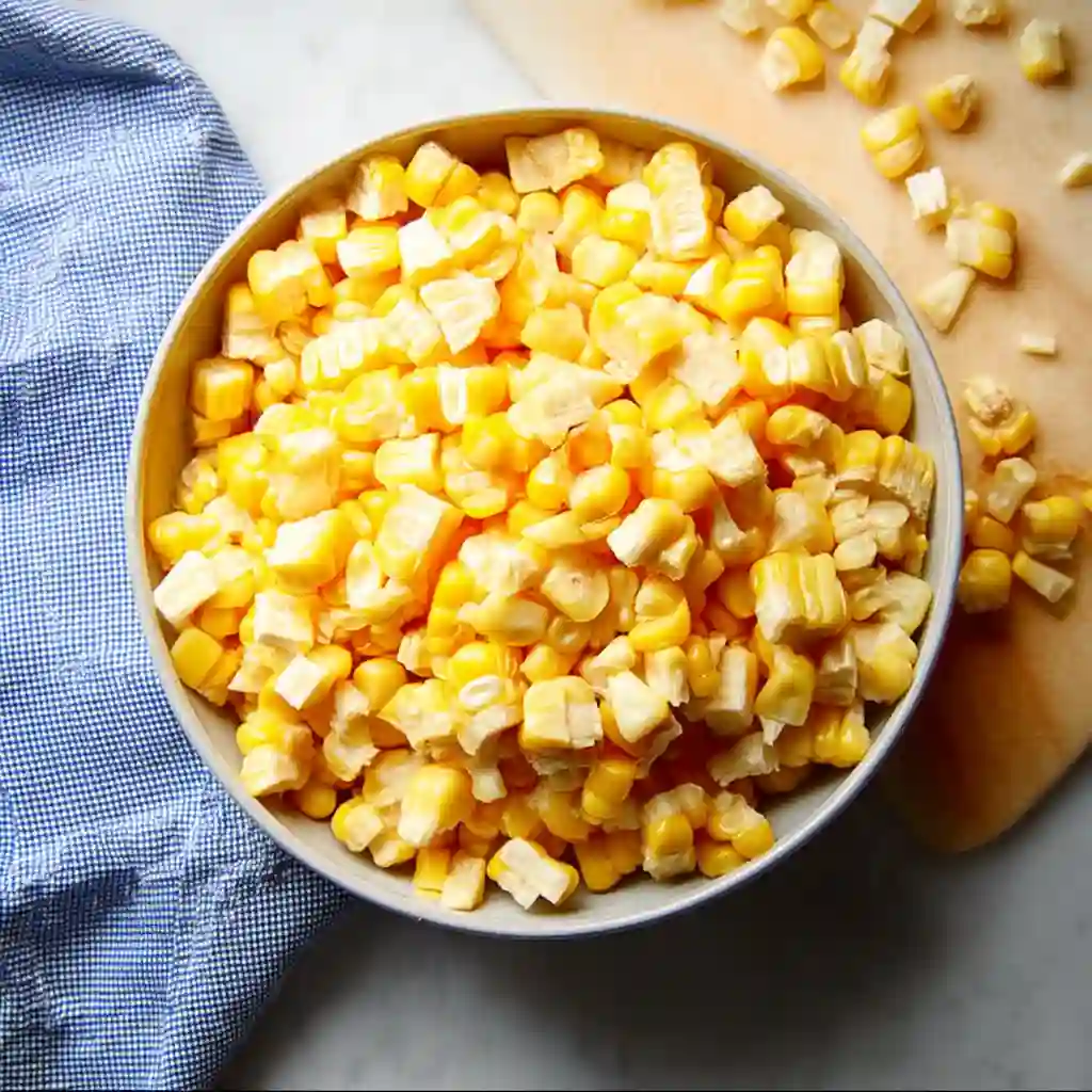 Raw corn kernels in a white bowl ready for salad