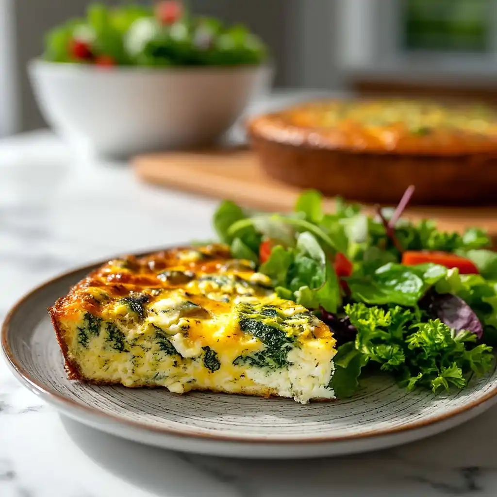 Slice of crustless spinach and cottage cheese quiche with salad