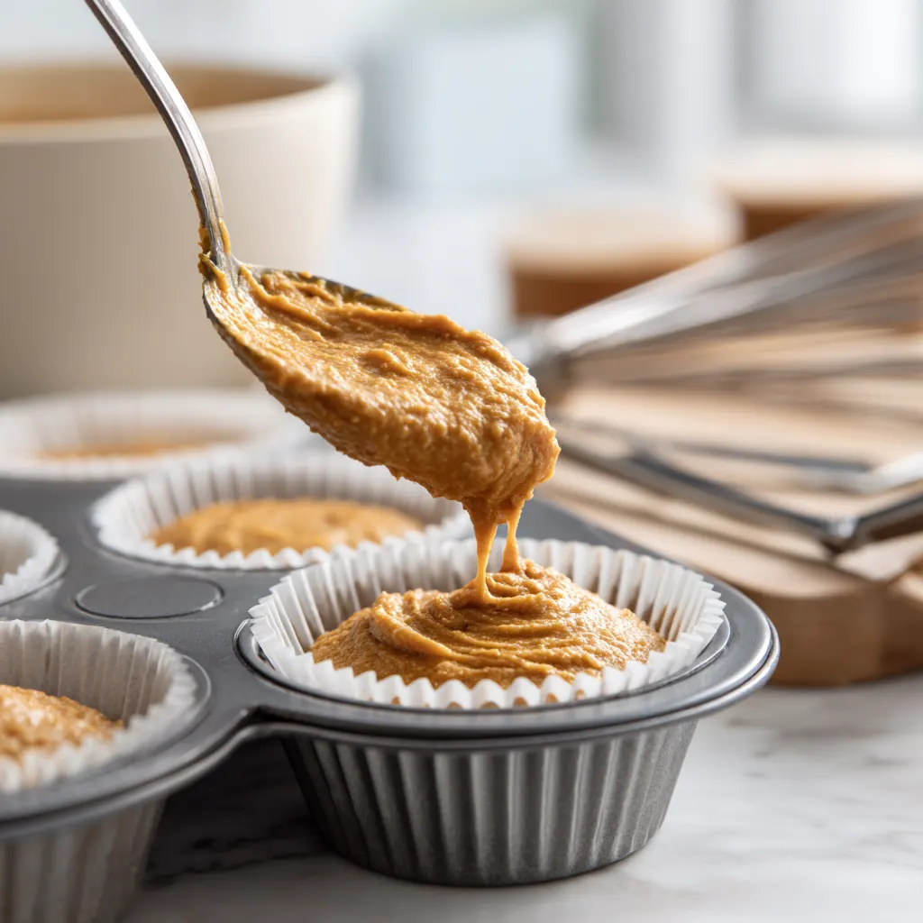 Batter being spooned into muffin liners for sourdough pumpkin muffins