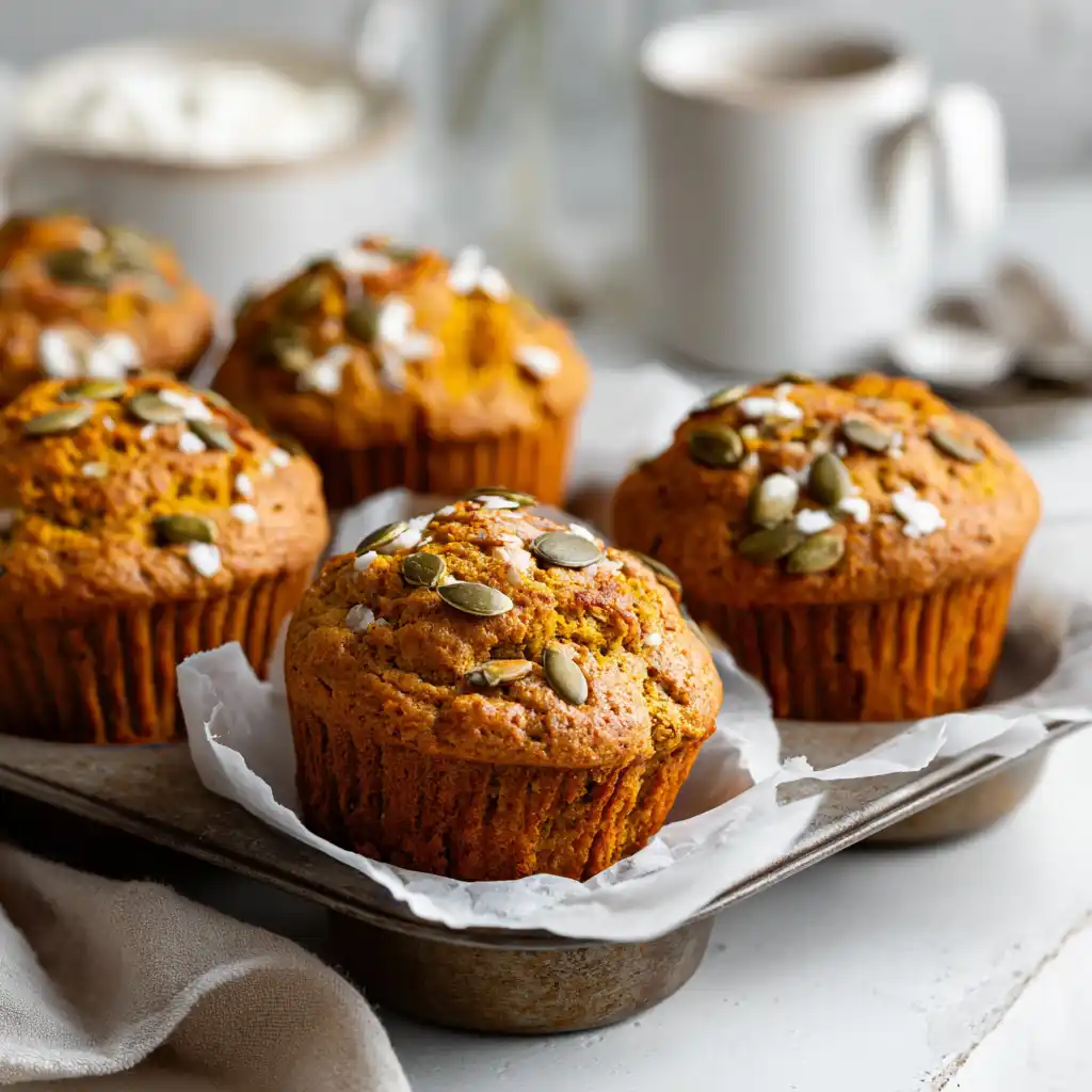 Sourdough Pumpkin Muffins fresh out of the oven on a tray