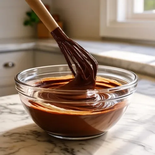 Mixing cottage cheese and melted chocolate