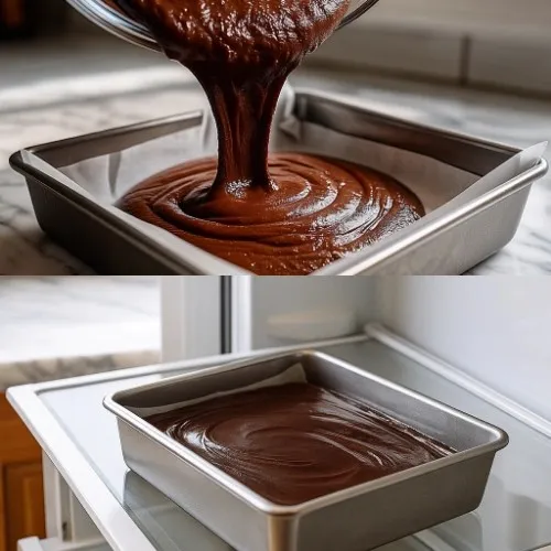 Pouring cottage cheese fudge mixture into a pan