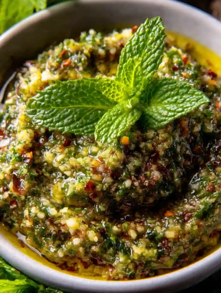 Lemon balm recipe – close-up vegan lemon balm pesto in a ceramic bowl, topped with a fresh sprig and olive oil