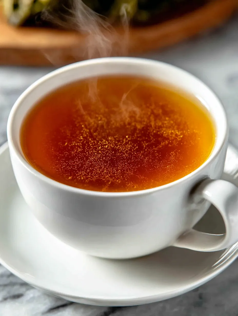 Steaming cup of oolong tea in a white ceramic cup with saucer on marble countertop