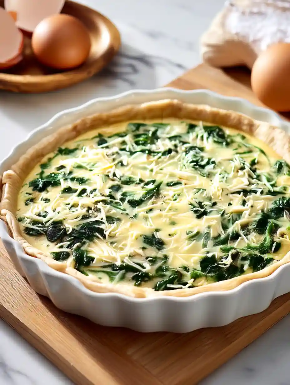 spinach and cheese quiche filling being prepared for quiche florentine