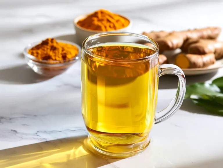 Turmeric tea recipe served hot in a glass mug