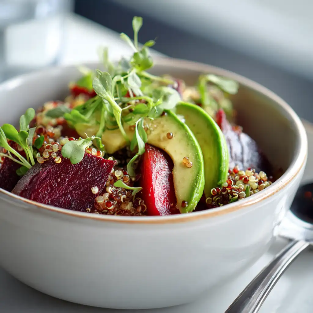 Vegetarian salad recipes with avocado, beets, and microgreens in a ceramic bowl