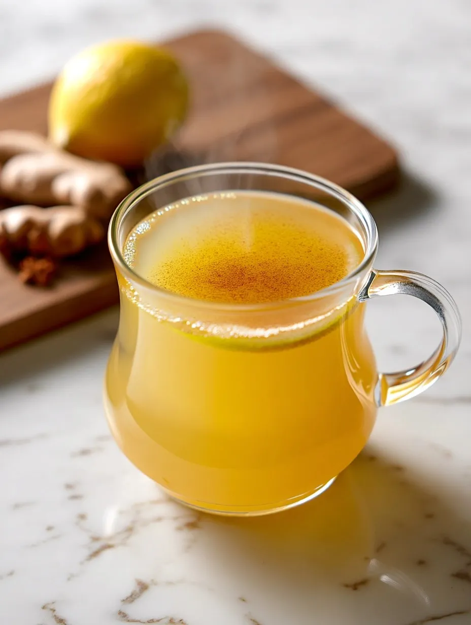 Clear glass mug of warm ginger lemon honey tea with cinnamon dust on top, on marble countertop with lemon and ginger.