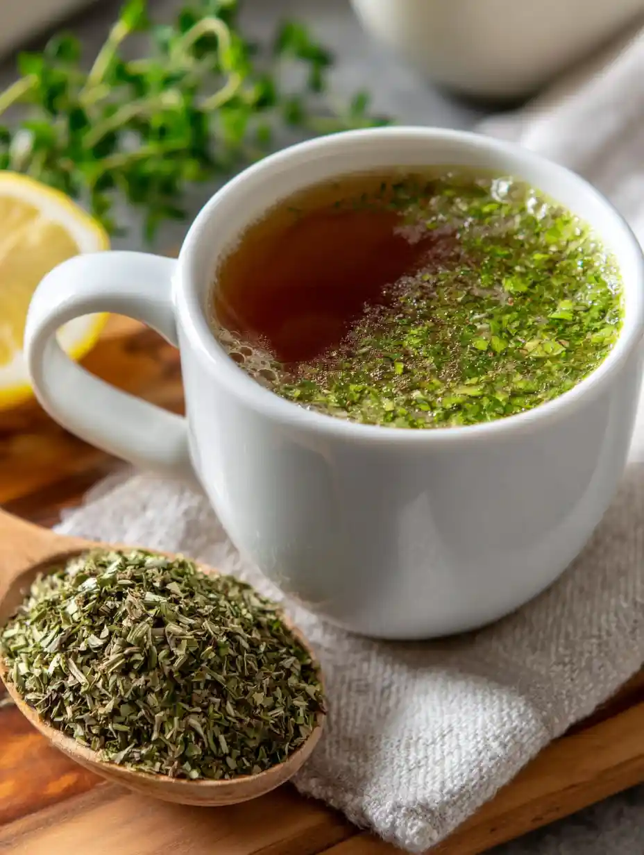 yerba mate tea in a white ceramic cup with loose leaves on a wooden board